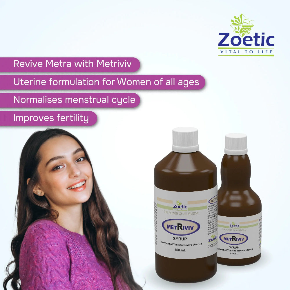 Zoetic MetrIVIV syrup bottles with a woman and product details on a white background
