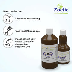 Two bottles of Zoetic MetRiviv syrup with usage instructions on a white background.