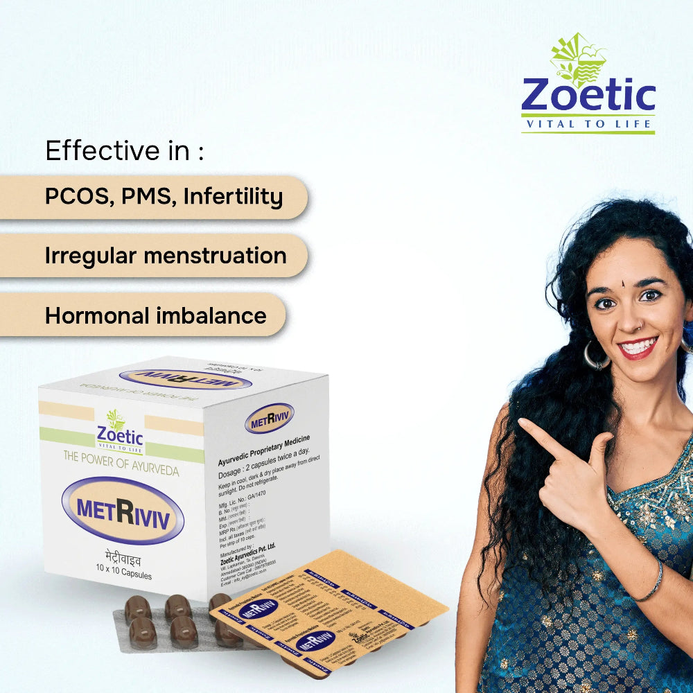Zoetic MetRiviv product packaging with a woman pointing at it on a white background