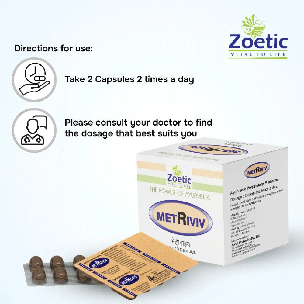 Zoetic MetRiviv capsules packaging with usage instructions on a white background