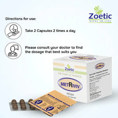 Zoetic MetRiviv capsules packaging with usage instructions on a white background