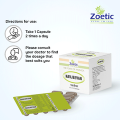 Zoetic Navjeevan capsules and packaging with usage instructions on a white background