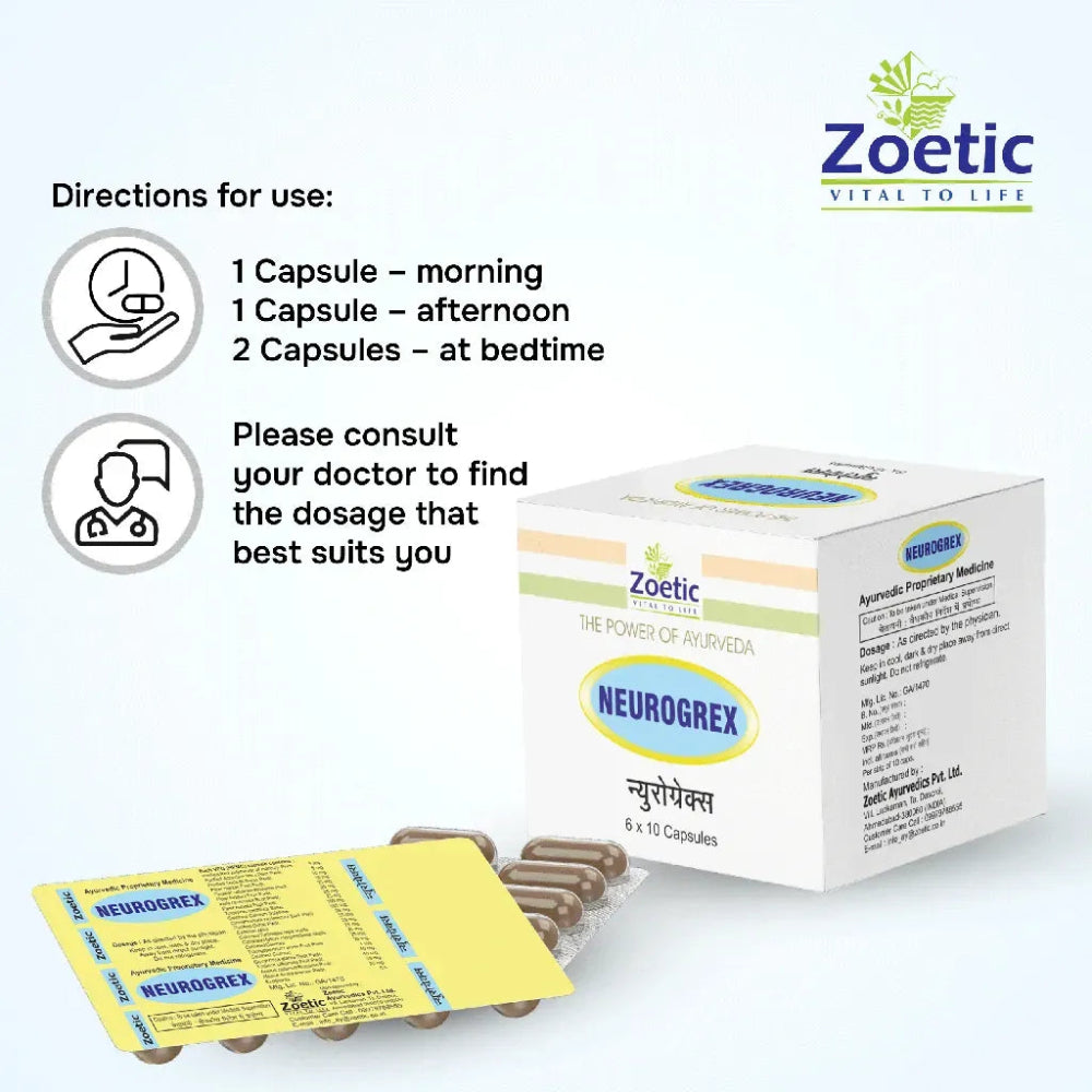 Zoetic Neurogrek capsules packaging with usage instructions on a white background