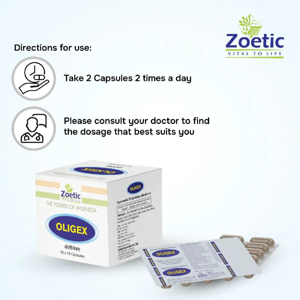 Zoetic Oligex packaging with usage instructions on a white background