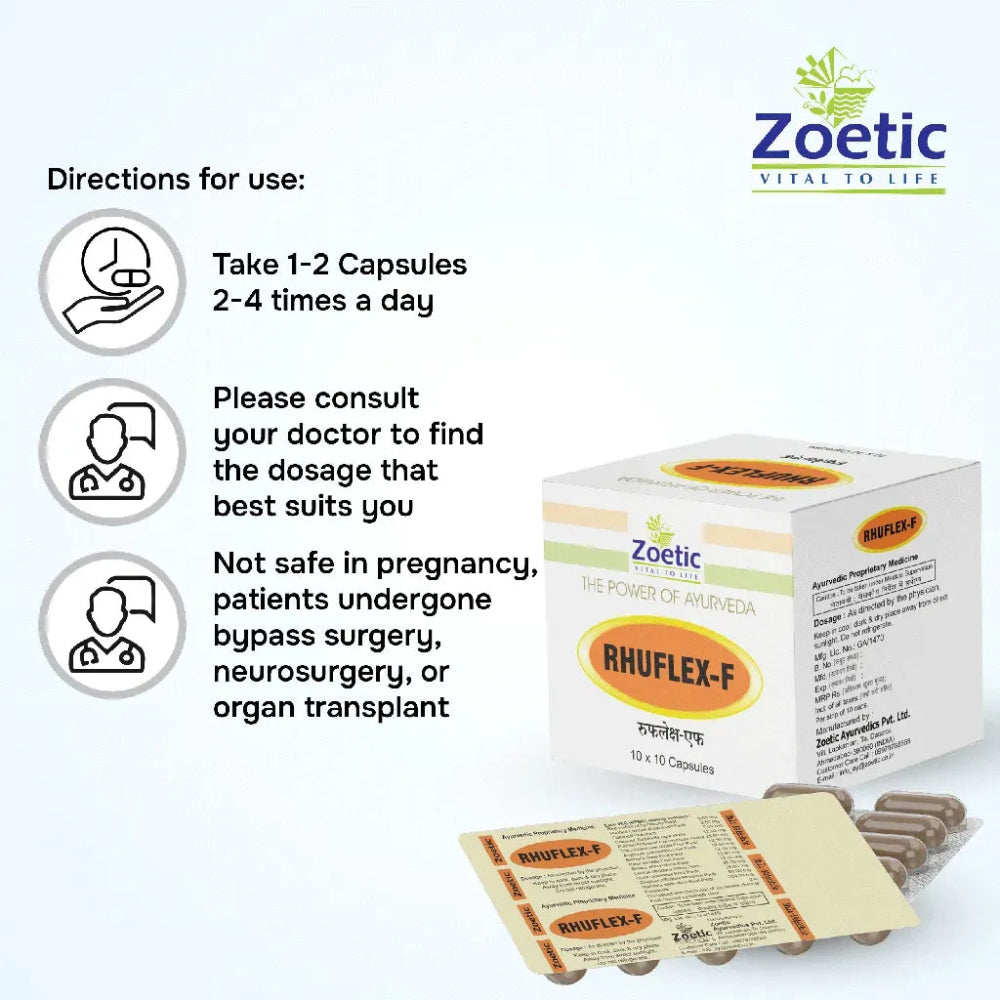 Zoetic Rhuflex-F supplement packaging with usage instructions on a white background