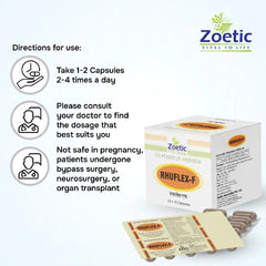 Zoetic Rhuflex-F supplement packaging with usage instructions on a white background