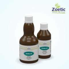 Two bottles of Zoeliv syrup with Zoetic branding on a white background